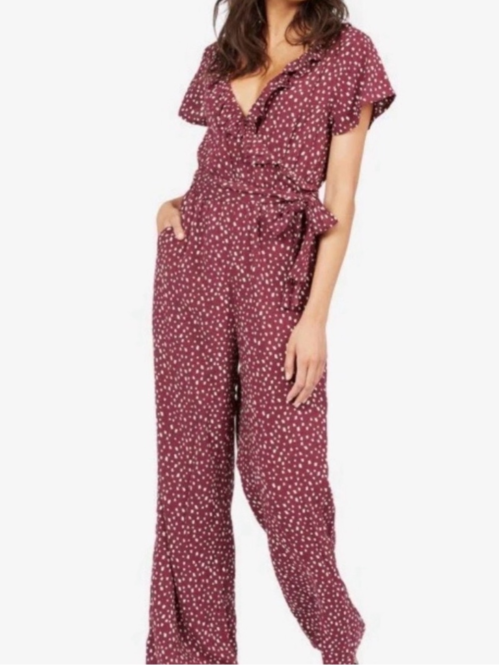ROXY Polka Dot Jumpsuit Wrap Design Ruffle Short Sleeves Tie at Waist Pockets